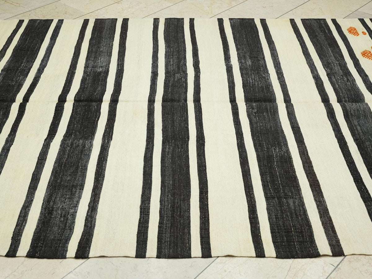 Striped Turkish Kilim Rug: Mid-Century Modern Farmhouse Decor Natural Rugs, 6,1x13,8 Feet.