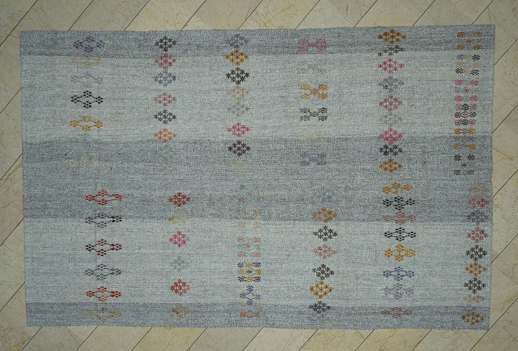 7x11 Large Natural Gray Kilim Rug: Mid-Century Modern Home Living Handwoven Rugs.