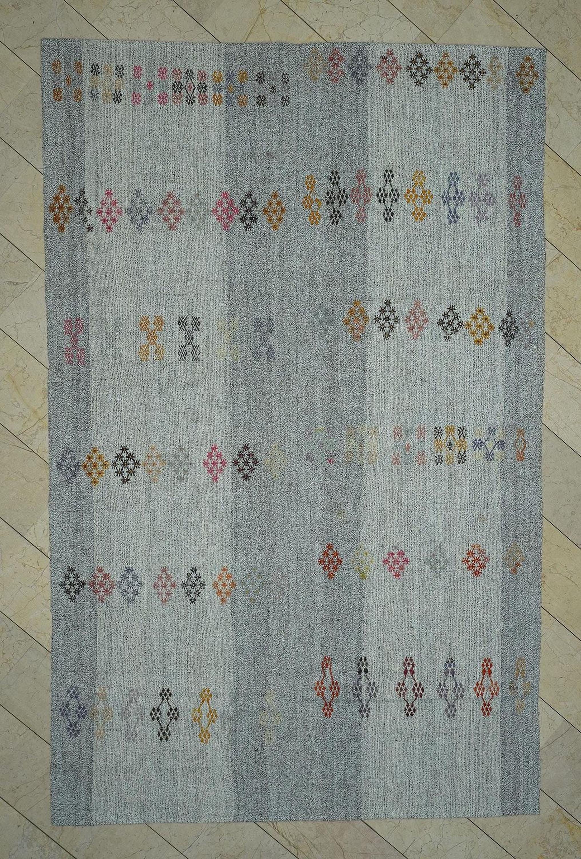 7x11 Large Natural Gray Kilim Rug: Mid-Century Modern Home Living Handwoven Rugs.