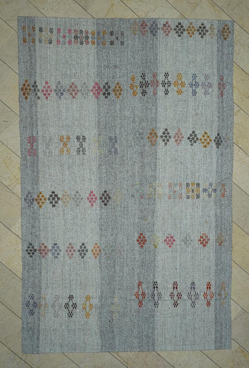 7x11 Large Natural Gray Kilim Rug: Mid-Century Modern Home Living Handwoven Rugs.