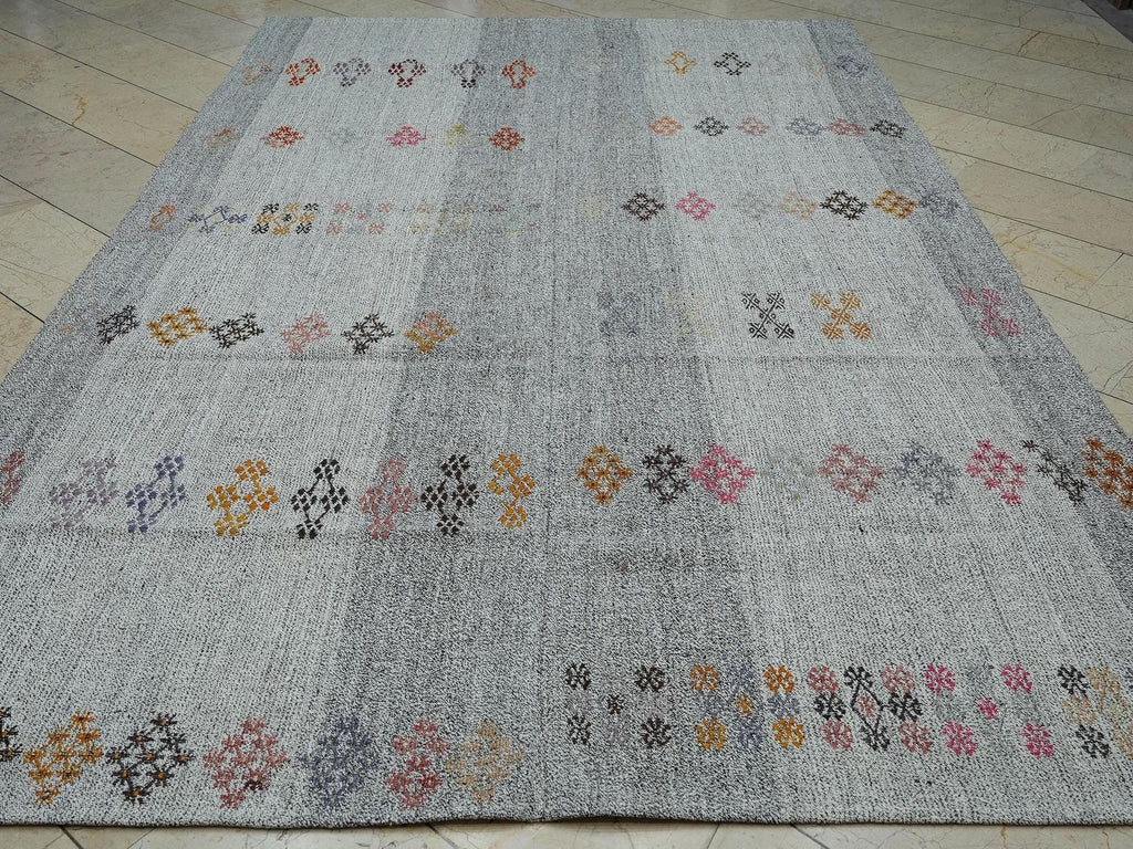 7x11 Large Natural Gray Kilim Rug: Mid-Century Modern Home Living Handwoven Rugs.