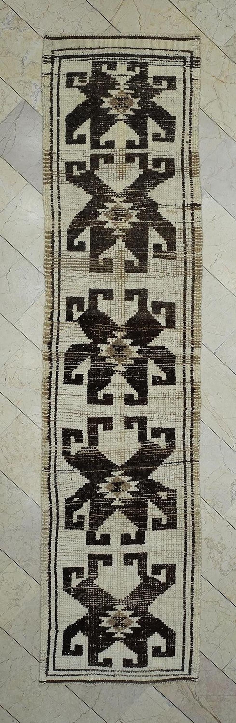 Vintage Turkish Wool Rug Runner: Natural Dark Brown & Cream Long Rugs, 2,7"x11,3" Feet.