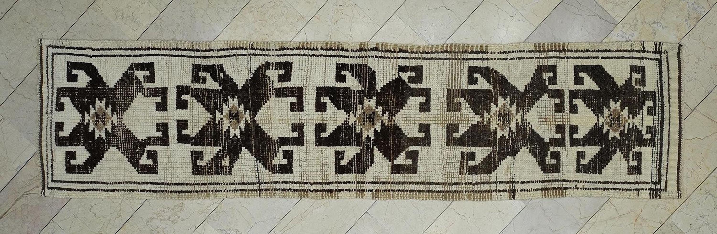 Vintage Turkish Wool Rug Runner: Natural Dark Brown & Cream Long Rugs, 2,7"x11,3" Feet.