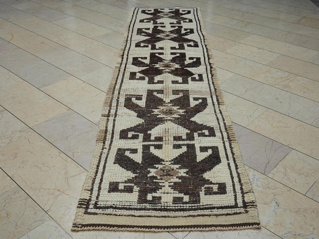 Vintage Turkish Wool Rug Runner: Natural Dark Brown & Cream Long Rugs, 2,7"x11,3" Feet.