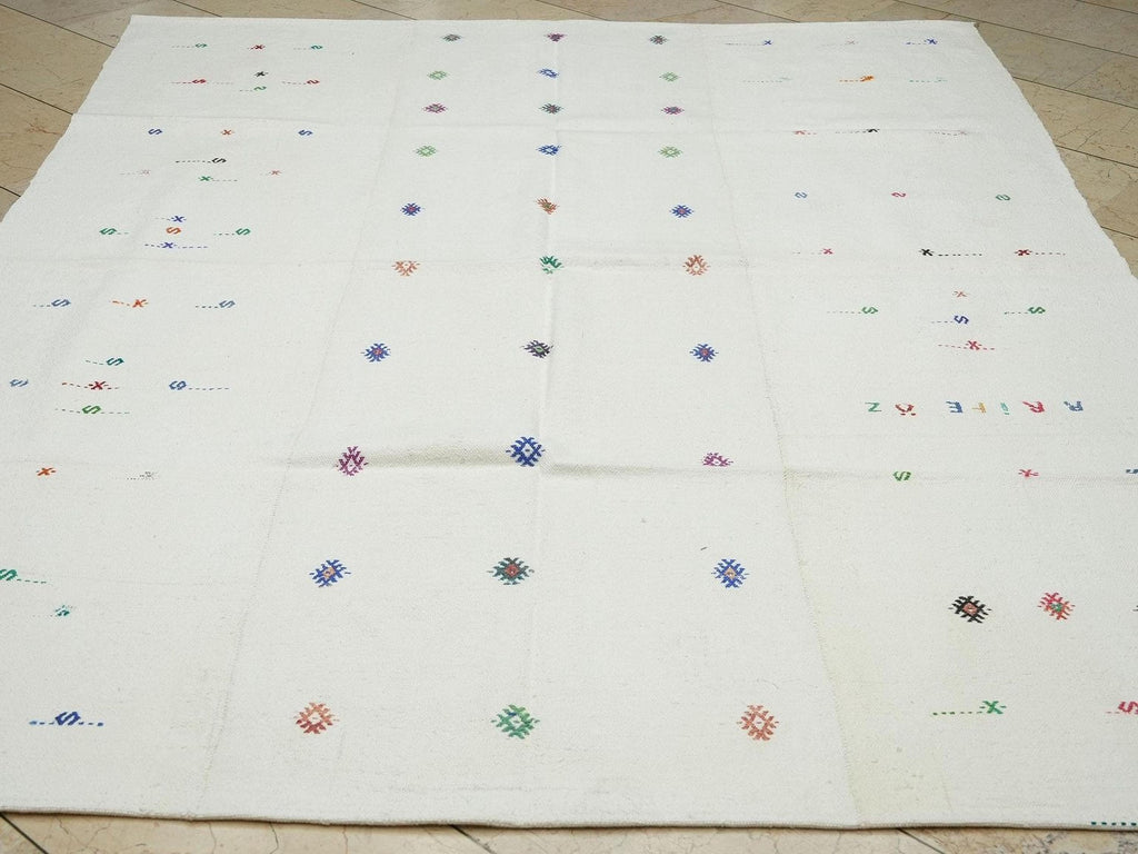 White Cotton Kilim Rug (6,7"x8,6" Feet): Mid Century Modern Turkish Woven Rugs