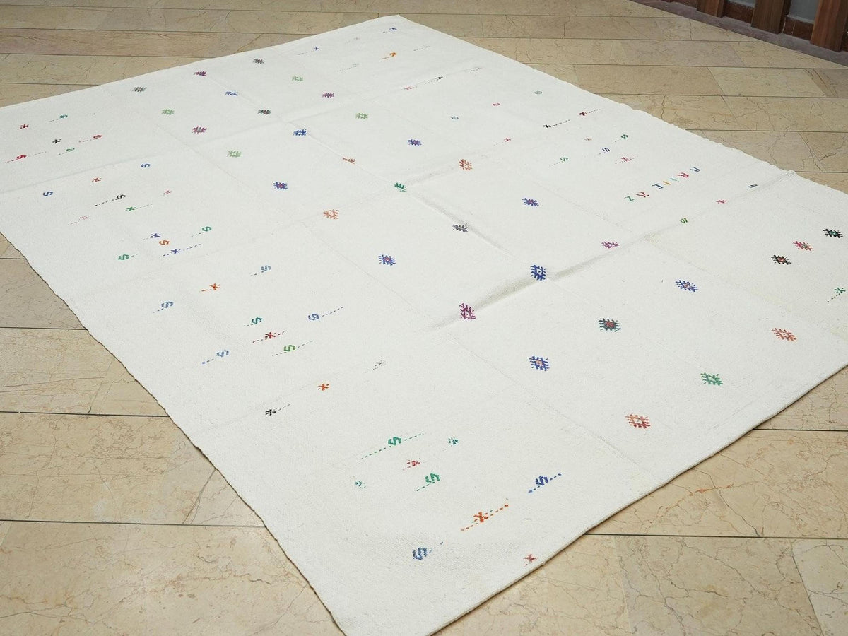 White Cotton Kilim Rug (6,7"x8,6" Feet): Mid Century Modern Turkish Woven Rugs