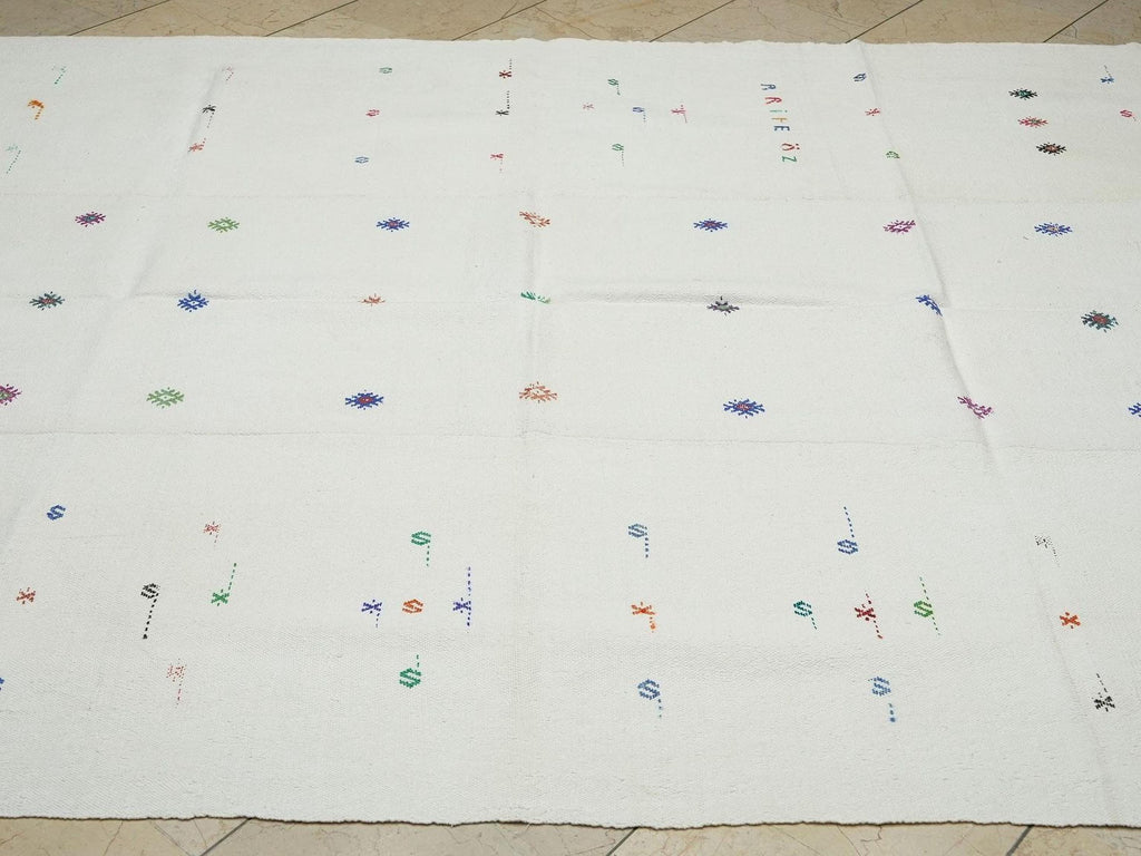 White Cotton Kilim Rug (6,7"x8,6" Feet): Mid Century Modern Turkish Woven Rugs