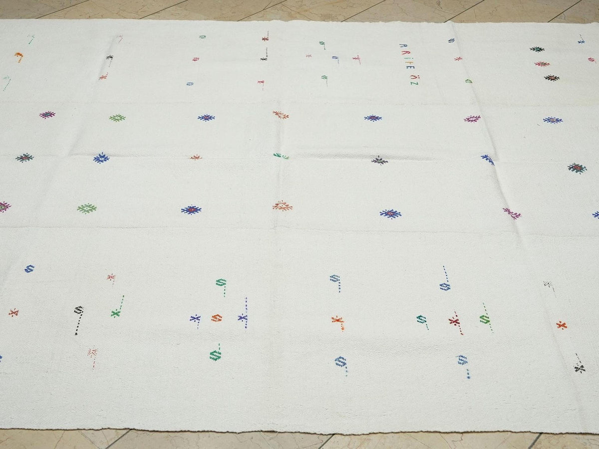 White Cotton Kilim Rug (6,7"x8,6" Feet): Mid Century Modern Turkish Woven Rugs
