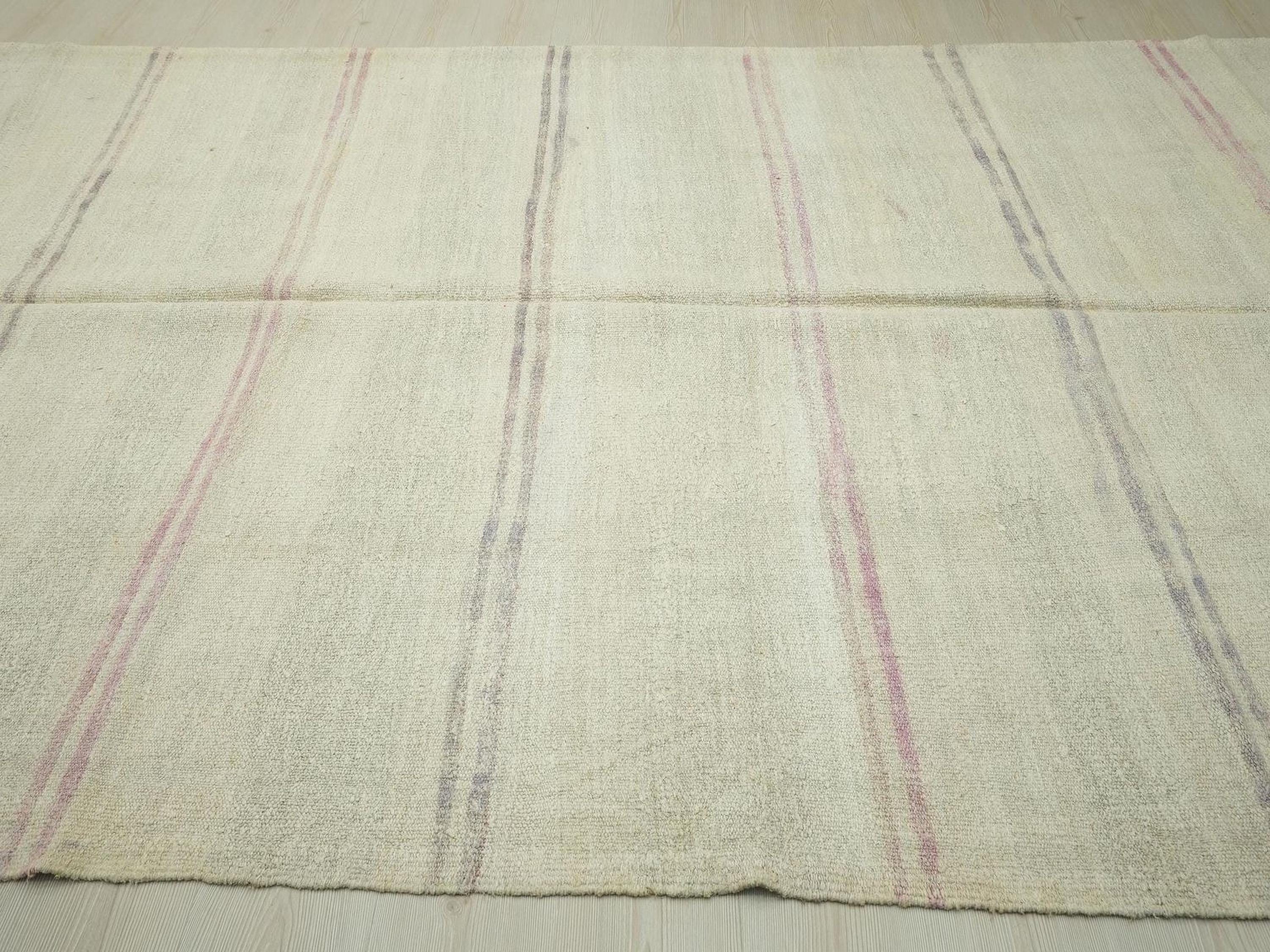 Eco-Friendly Handwoven Hemp Kilim Rug: Modern Turkish Broken Stripe Rugs, 7x11.8 Feet.