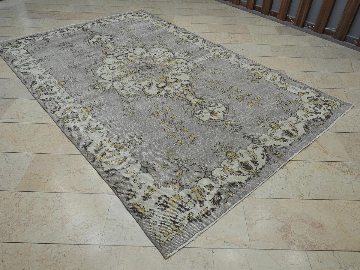 Large Vintage Oushak Rug: 6.5x10.2 Ft,Purple Beige Colors Low Pile Turkish Carpet.