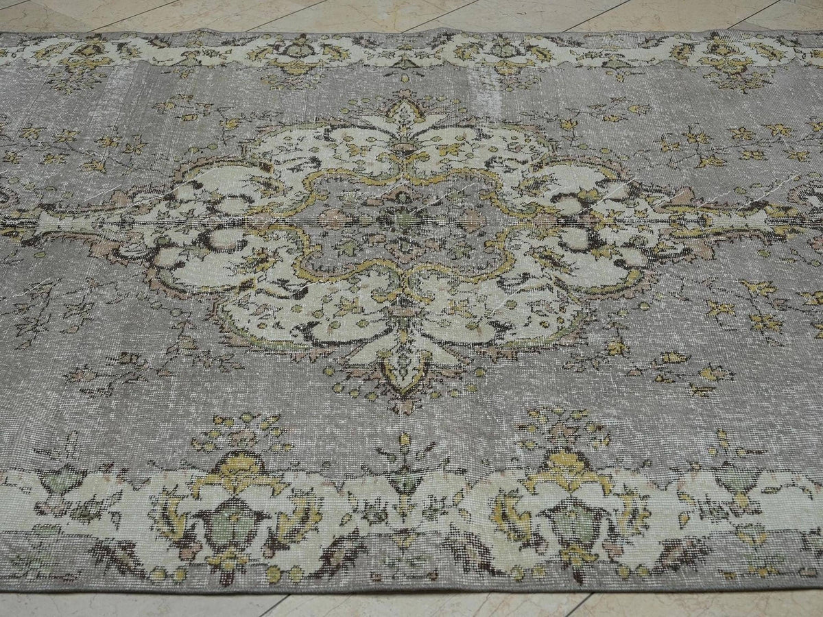 Large Vintage Oushak Rug: 6.5x10.2 Ft,Purple Beige Colors Low Pile Turkish Carpet.