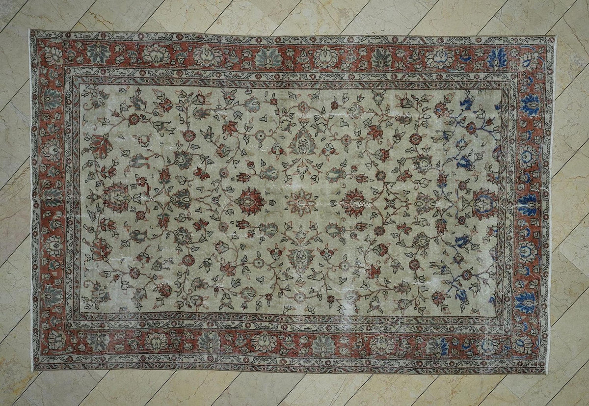 7x10 Vintage Oushak Rug: Blue & Beige Turkish Wool Carpet.