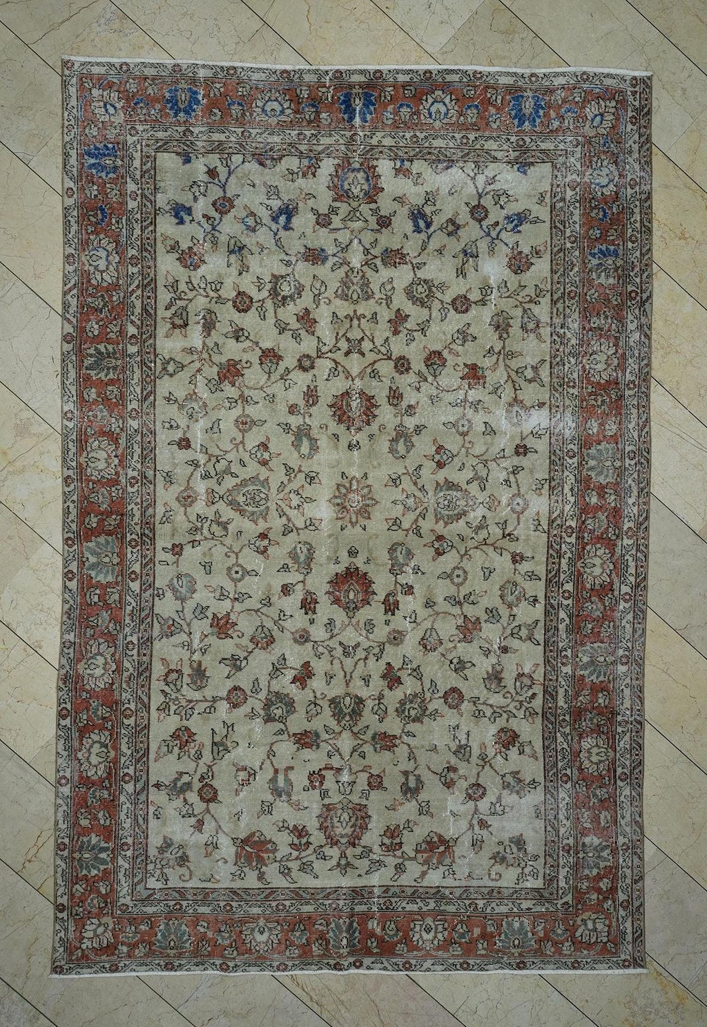 7x10 Vintage Oushak Rug: Blue & Beige Turkish Wool Carpet.