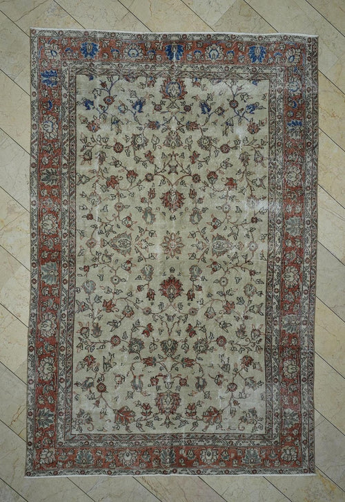 7x10 Vintage Oushak Rug: Blue & Beige Turkish Wool Carpet.