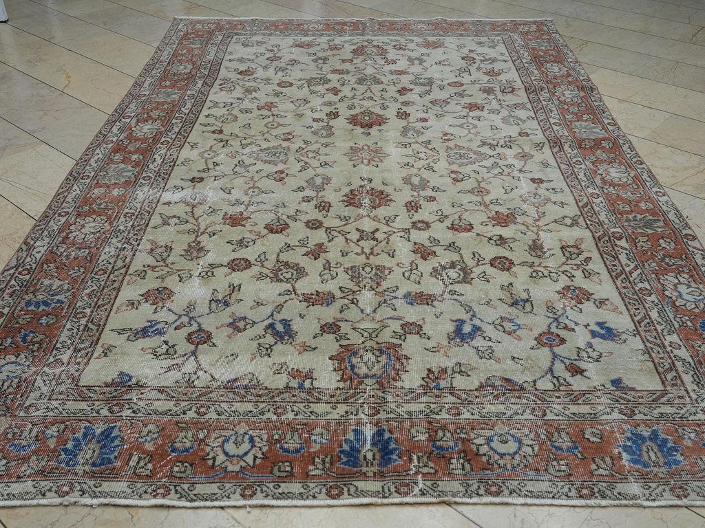 7x10 Vintage Oushak Rug: Blue & Beige Turkish Wool Carpet.