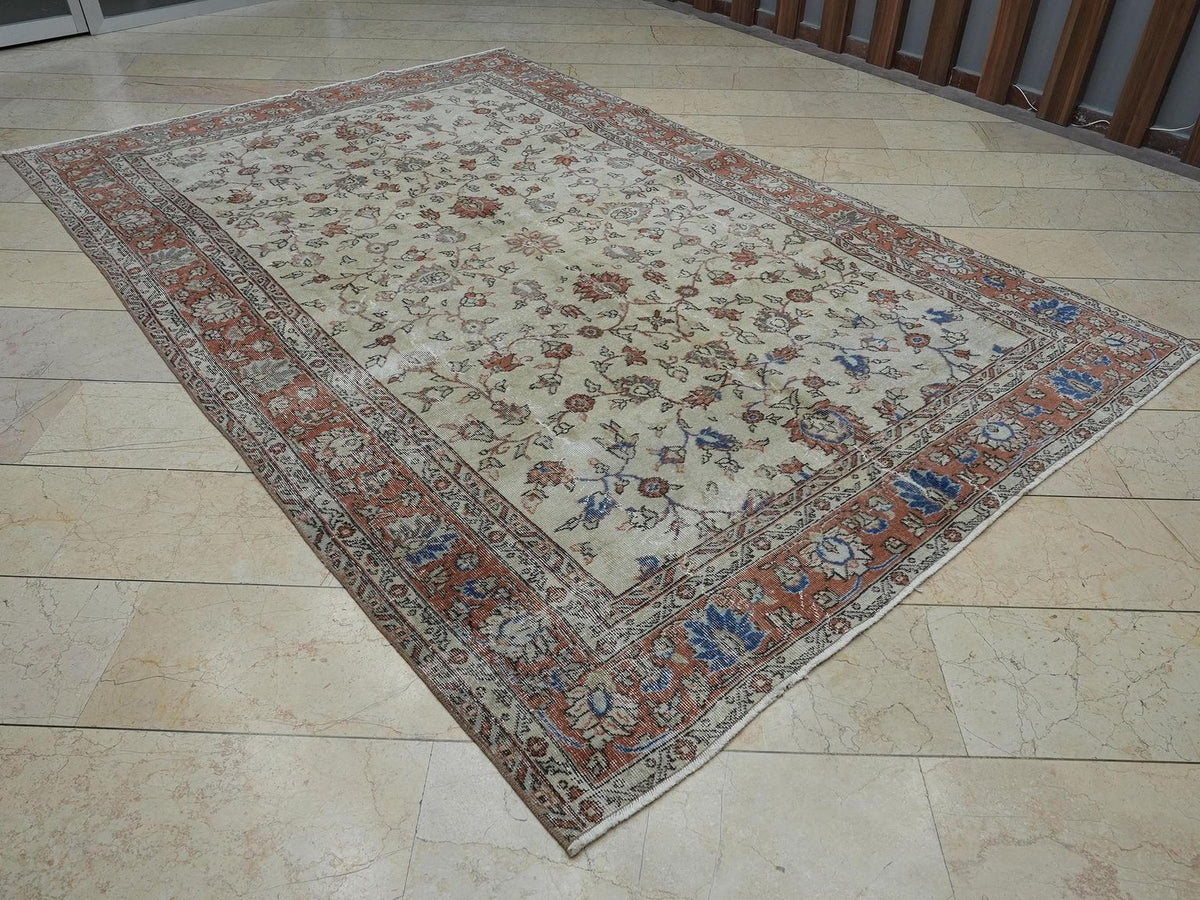 7x10 Vintage Oushak Rug: Blue & Beige Turkish Wool Carpet.