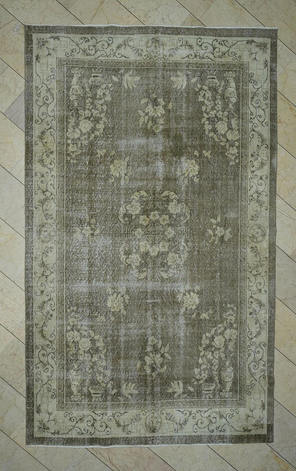 Vintage Handmade Wool Oushak Rug: 6.4x10.6 ft, Geometric Design Turkish Carpet.