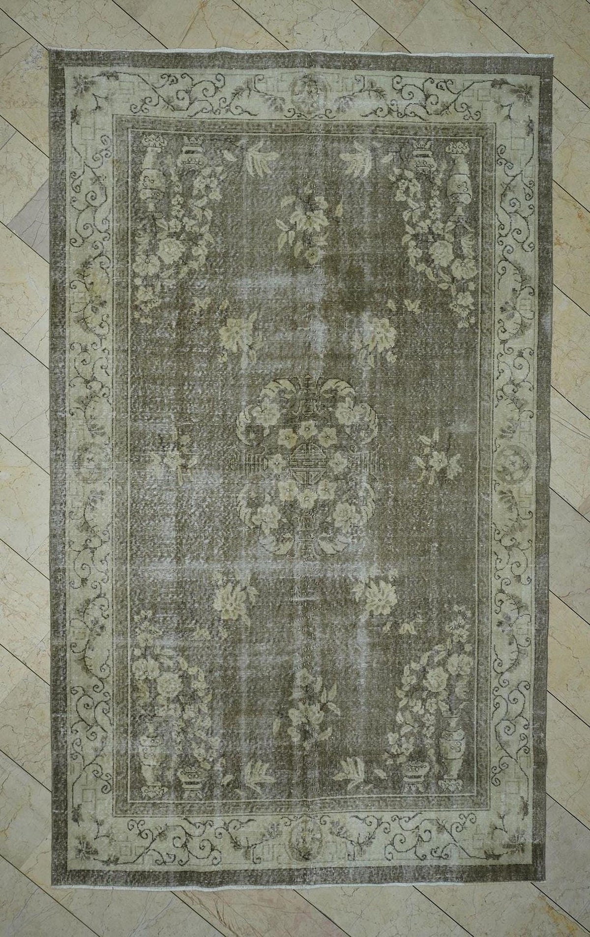 Vintage Handmade Wool Oushak Rug: 6.4x10.6 ft, Geometric Design Turkish Carpet.