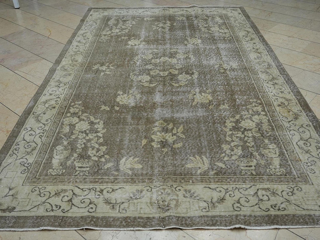 Vintage Handmade Wool Oushak Rug: 6.4x10.6 ft, Geometric Design Turkish Carpet.
