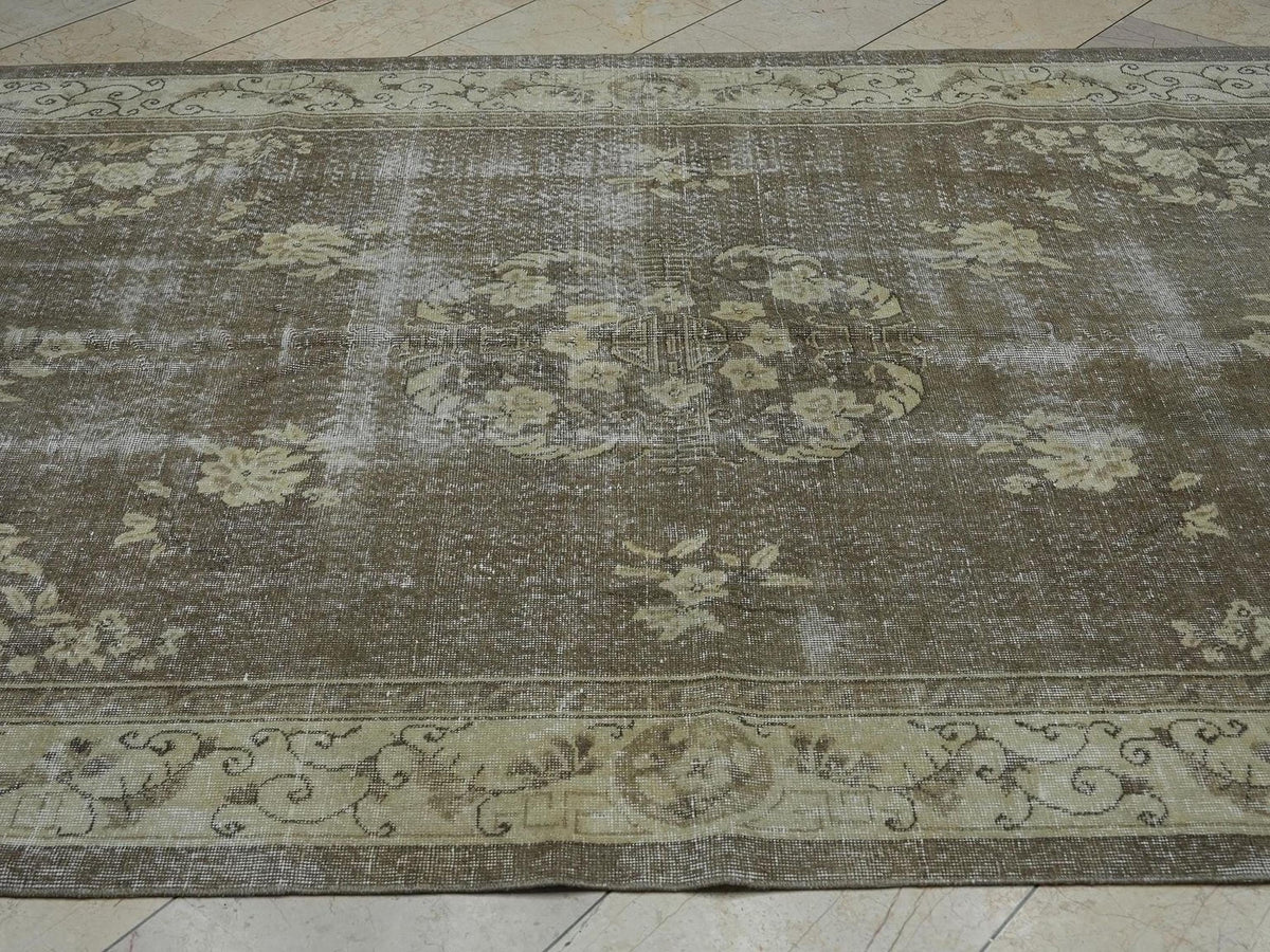 Vintage Handmade Wool Oushak Rug: 6.4x10.6 ft, Geometric Design Turkish Carpet.