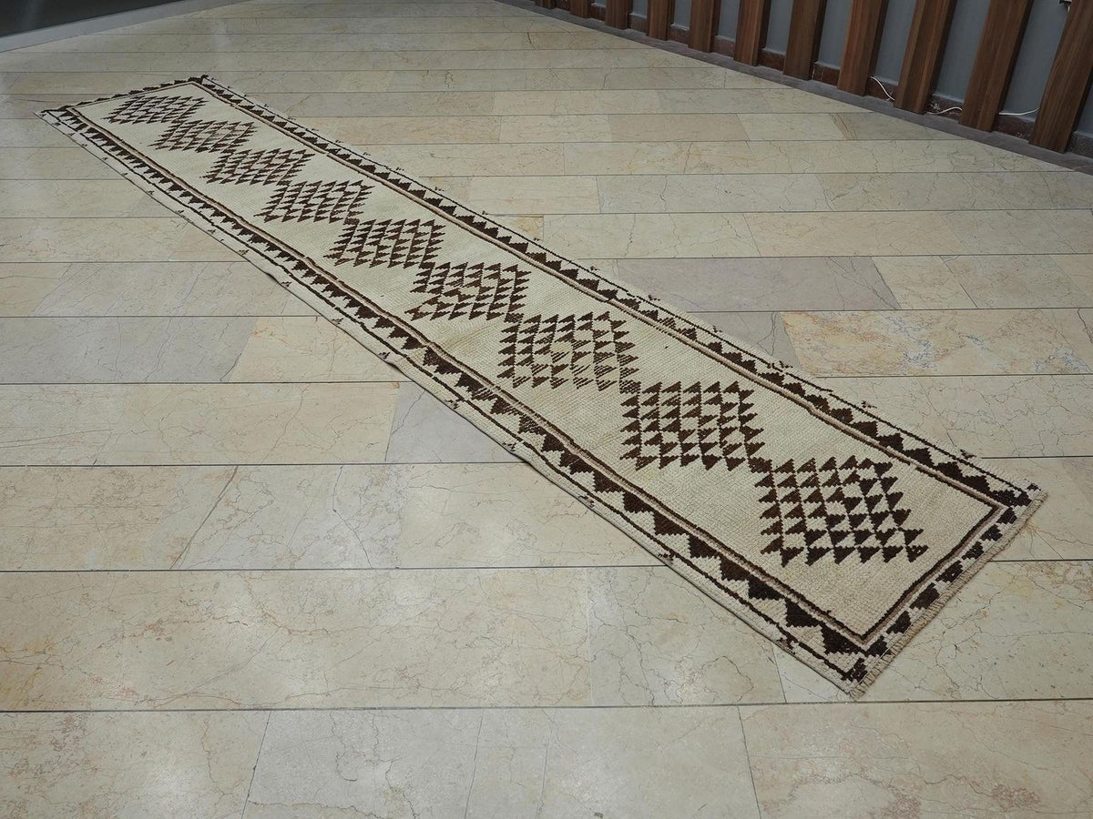 Ethnic Wool Rug Runner: Turkish Brown and Cream Hallway Decor Rugs, 2.4"x12.4" Feet.