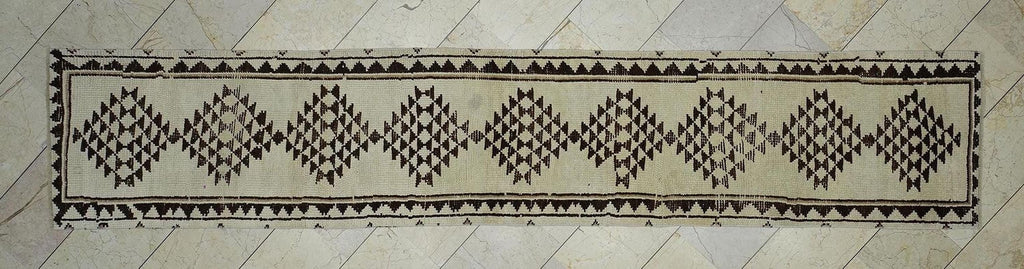 Ethnic Wool Rug Runner: Turkish Brown and Cream Hallway Decor Rugs, 2.4"x12.4" Feet.
