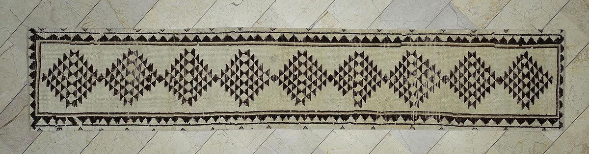 Ethnic Wool Rug Runner: Turkish Brown and Cream Hallway Decor Rugs, 2.4"x12.4" Feet.