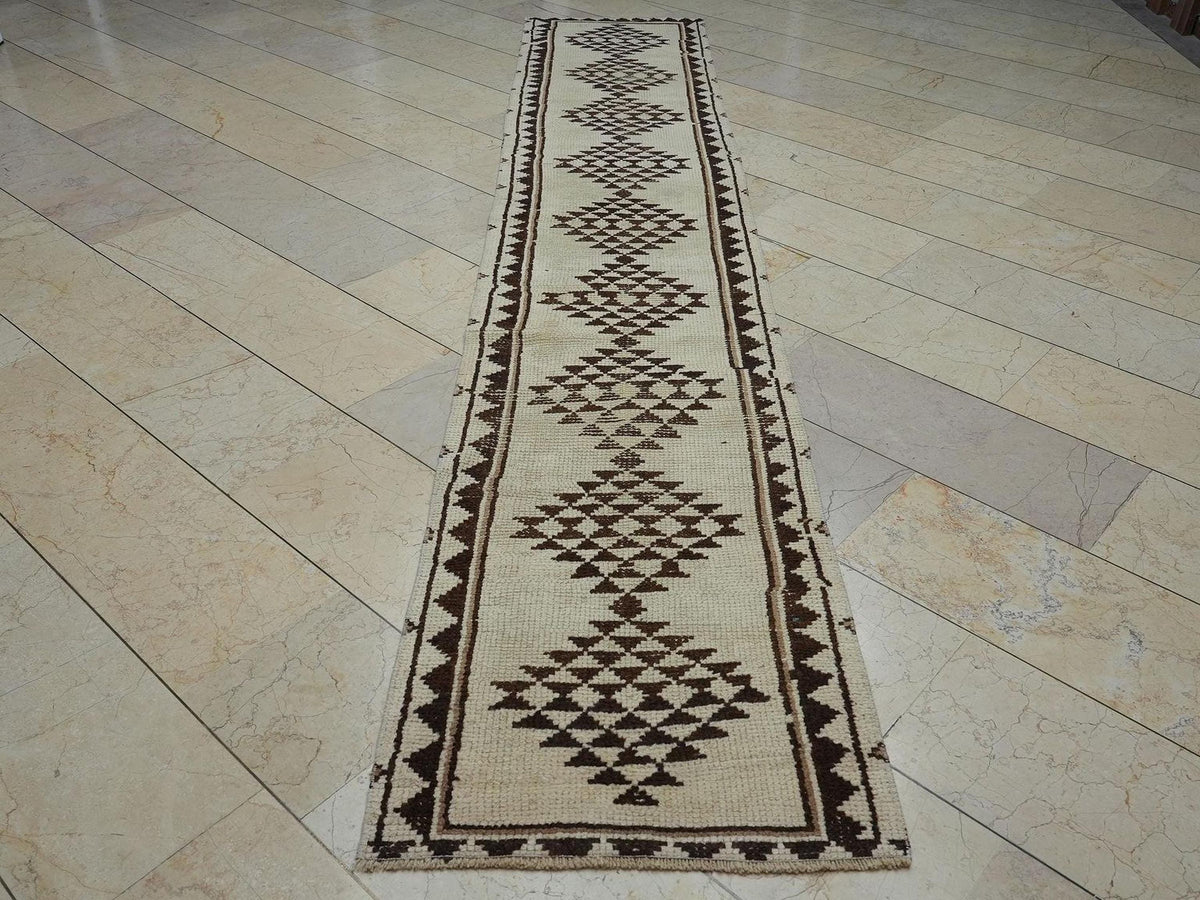 Ethnic Wool Rug Runner: Turkish Brown and Cream Hallway Decor Rugs, 2.4"x12.4" Feet.
