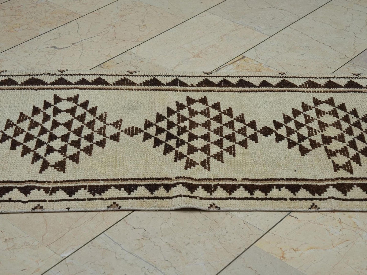 Ethnic Wool Rug Runner: Turkish Brown and Cream Hallway Decor Rugs, 2.4"x12.4" Feet.