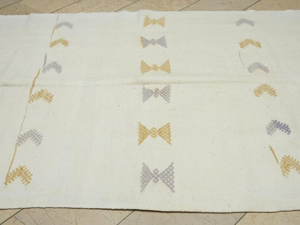 Vintage Turkish Kilim Rug: 5.6"x11.9" White Cotton Flat Weave rugs.