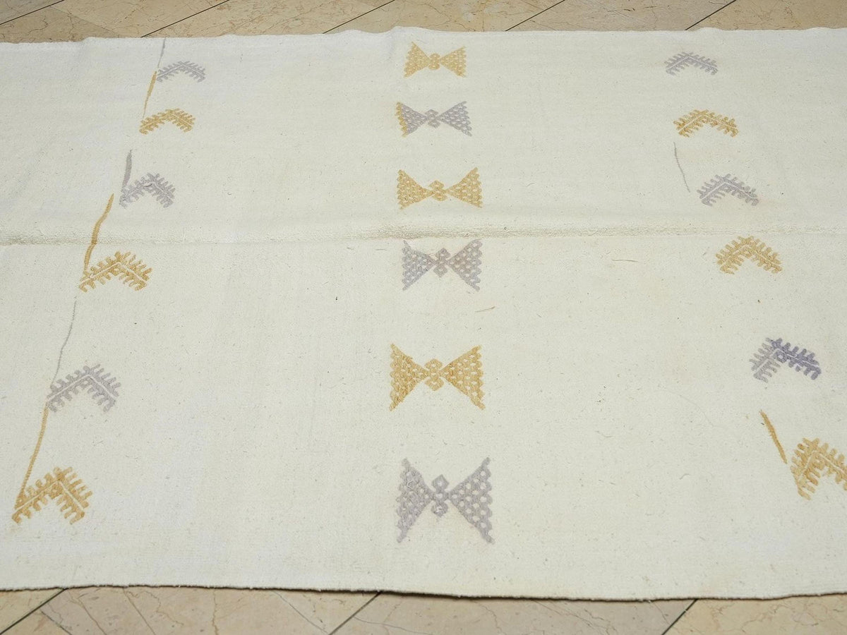 Vintage Turkish Kilim Rug: 5.6"x11.9" White Cotton Flat Weave rugs.