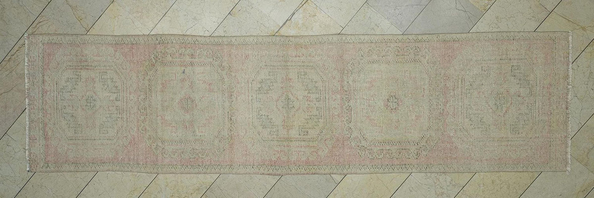 Vintage Oushak Turkish Rug Runner: Muted Red Blue Wool Area Rugs,2.9"x11" Ft