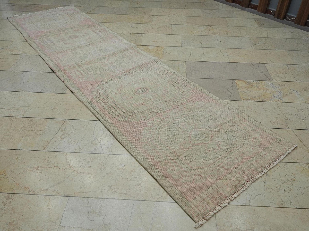 Vintage Oushak Turkish Rug Runner: Muted Red Blue Wool Area Rugs,2.9"x11" Ft