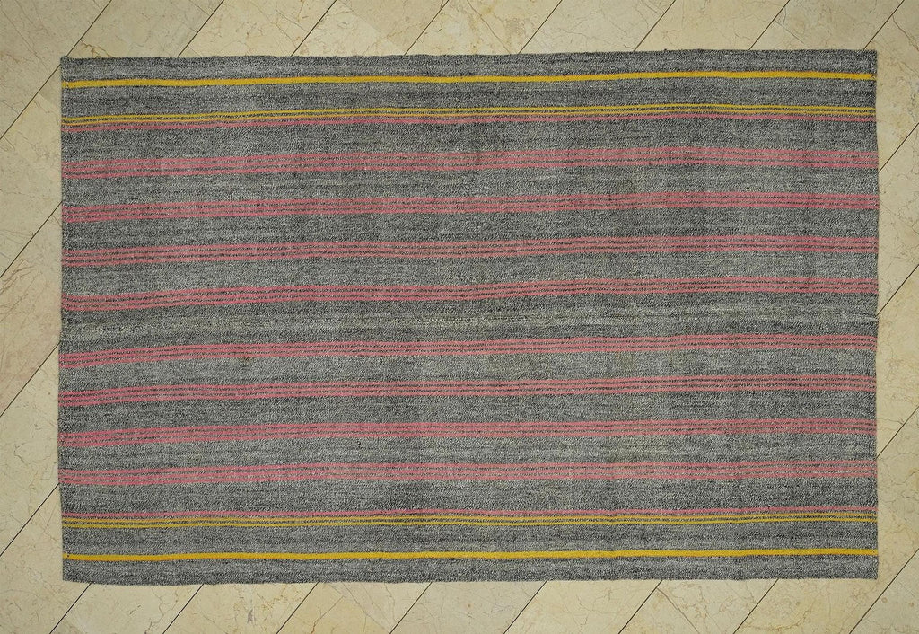 Pink Stripe Gray Kilim Rug: Mid Century Modern Turkish Flat Weave Rugs, 6,1x9,4 Feet.