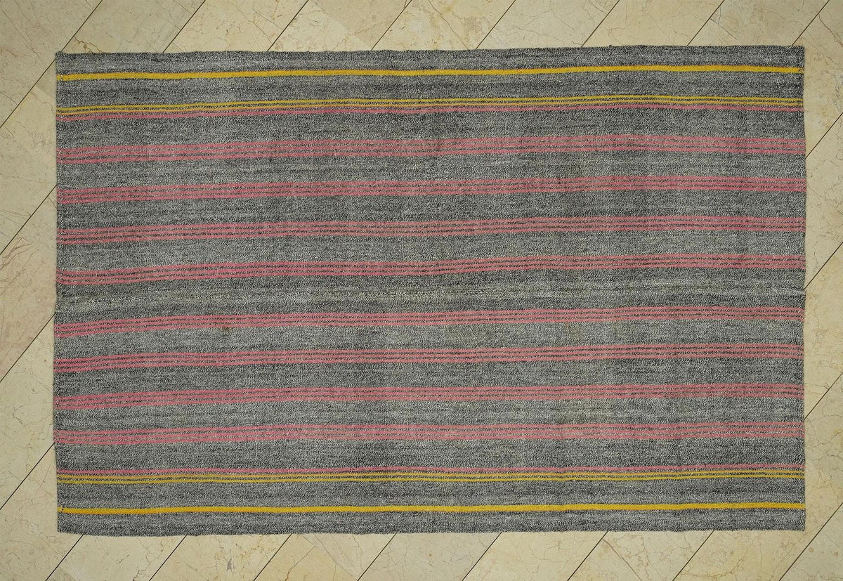 Pink Stripe Gray Kilim Rug: Mid Century Modern Turkish Flat Weave Rugs, 6,1x9,4 Feet.