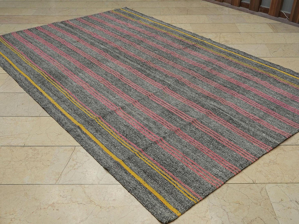 Pink Stripe Gray Kilim Rug: Mid Century Modern Turkish Flat Weave Rugs, 6,1x9,4 Feet.