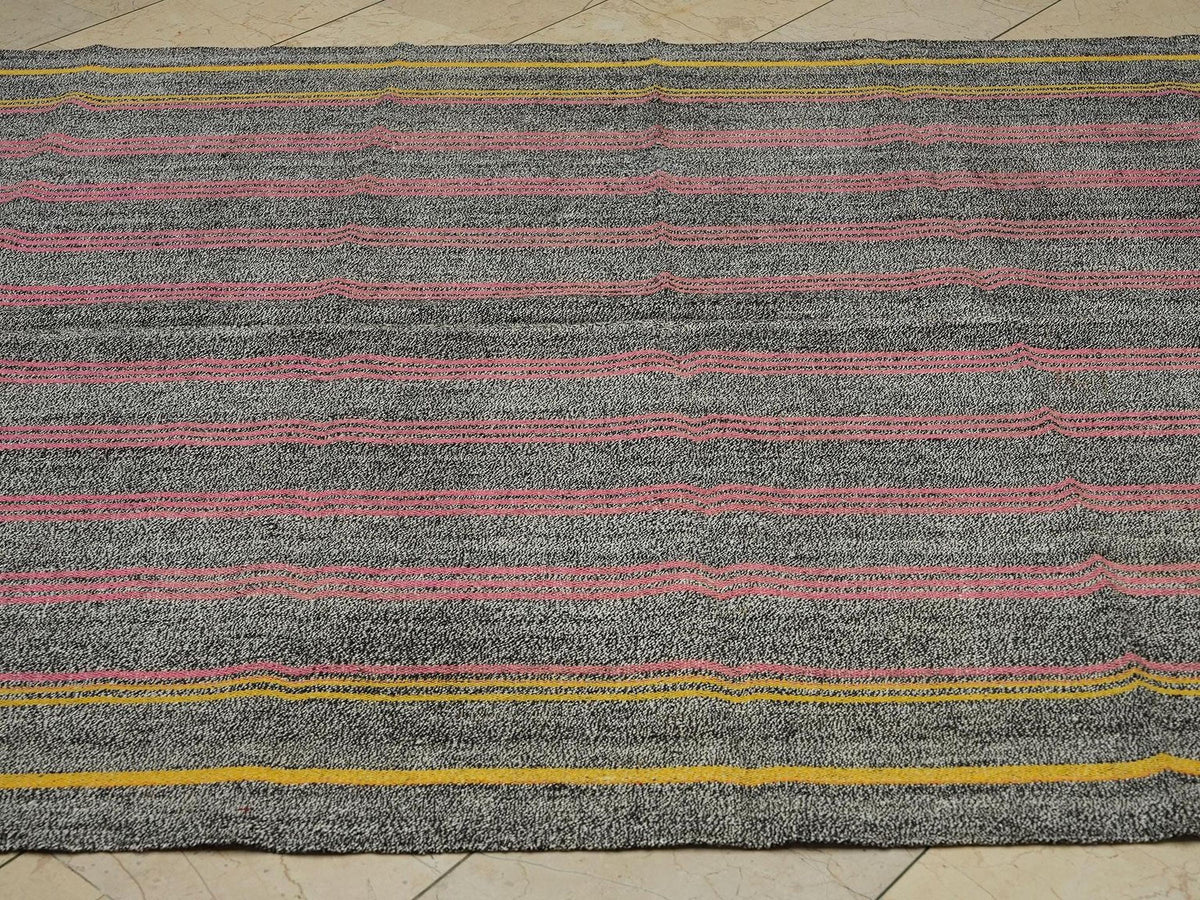 Pink Stripe Gray Kilim Rug: Mid Century Modern Turkish Flat Weave Rugs, 6,1x9,4 Feet.