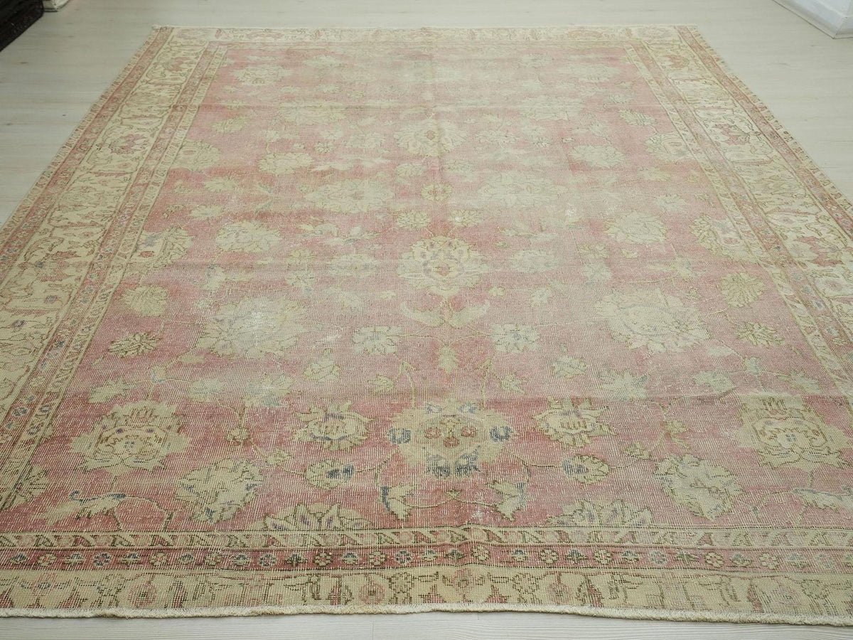 8x10 Antique Handwoven Oushak Rug: Mid-Century Modern Turkish Wool Carpet,Faded Red Area Rugs.