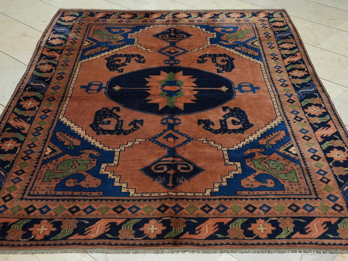Terracotta Color Vintage Afghan Carpet Rug,5x6.5 Feet,Small Size Handmade Rugs.