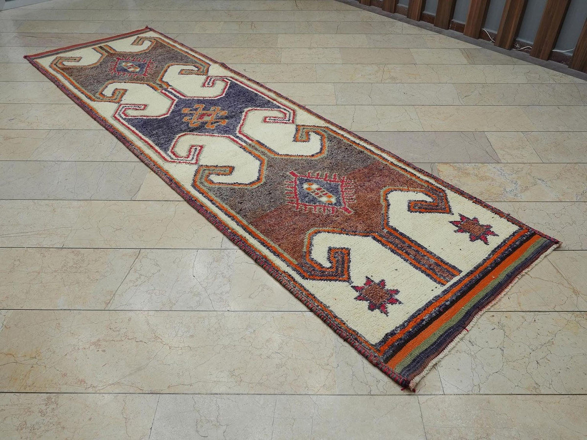 Mid Century Modern Wool Rug Runner: 3x11 Ft, Turkish Tribal Anatolian Carpet Rugs.