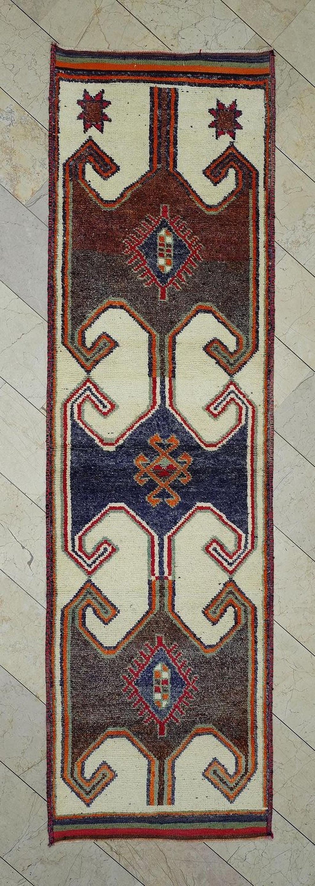Mid Century Modern Wool Rug Runner: 3x11 Ft, Turkish Tribal Anatolian Carpet Rugs.