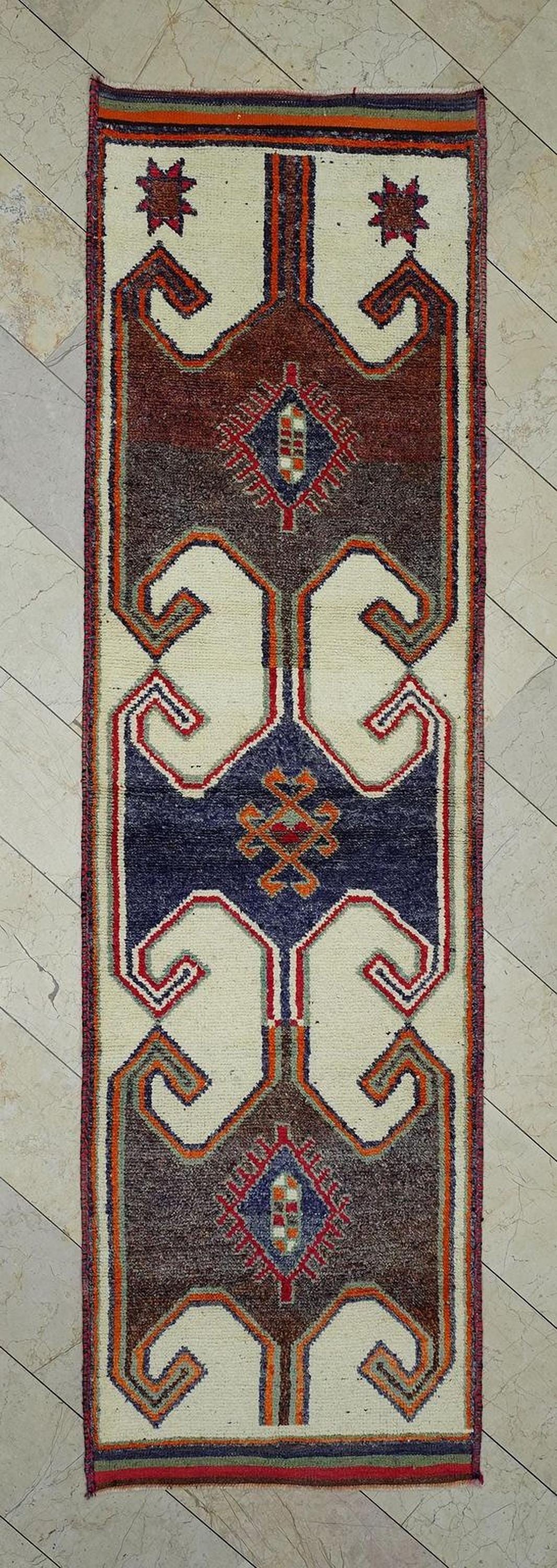 Mid Century Modern Wool Rug Runner: 3x11 Ft, Turkish Tribal Anatolian Carpet Rugs.