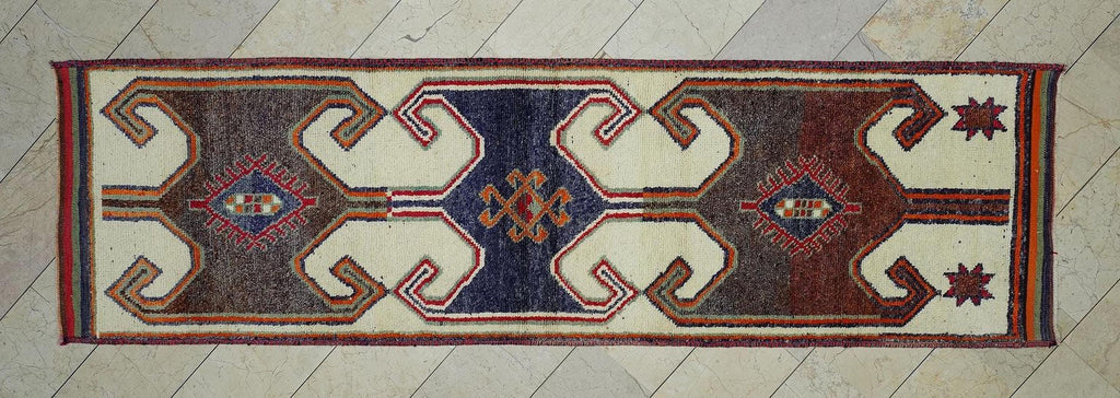 Mid Century Modern Wool Rug Runner: 3x11 Ft, Turkish Tribal Anatolian Carpet Rugs.