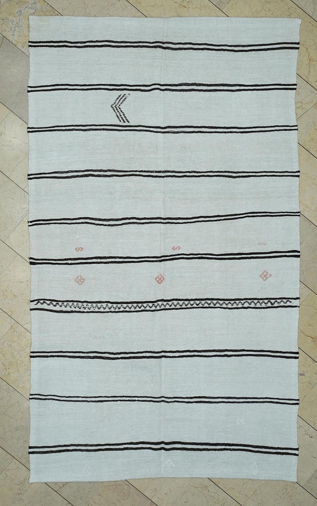5x9 Hemp Kilim Rug: Dark Brown & White Stripe, Flat Weave Organic Area Rugs.