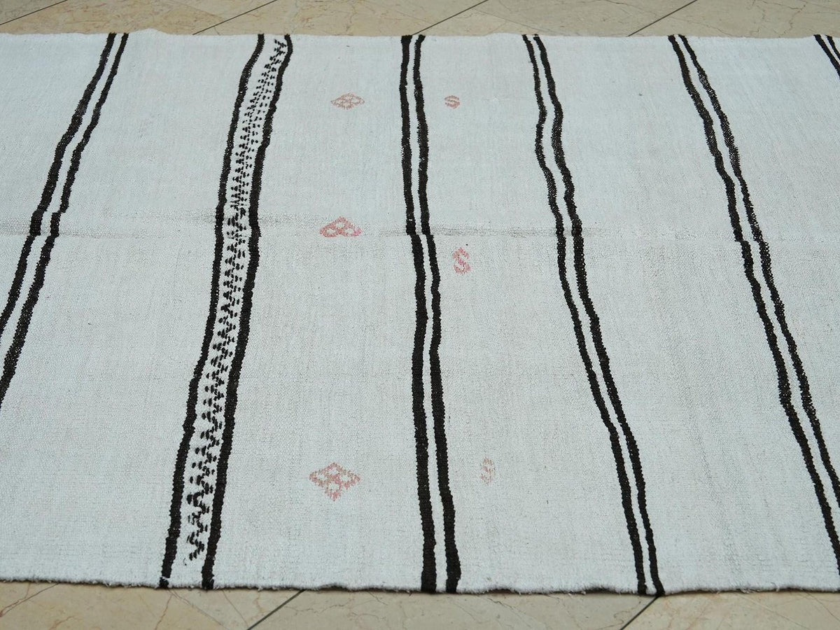 5x9 Hemp Kilim Rug: Dark Brown & White Stripe, Flat Weave Organic Area Rugs.