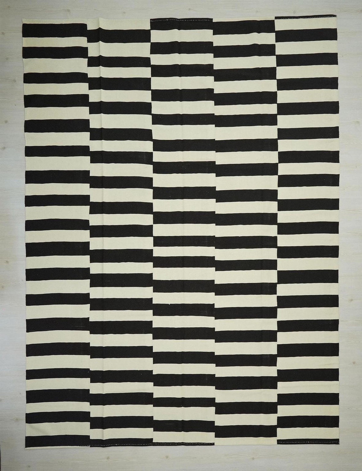 Modern Striped Turkish Kilim Rug: 9.1x12.4 ft, Dark Brown & White Flat Weave Rugs.