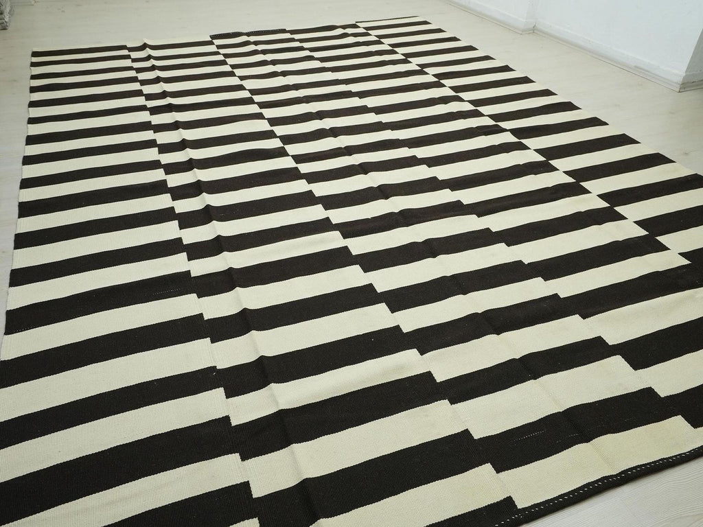 Modern Striped Turkish Kilim Rug: 9.1x12.4 ft, Dark Brown & White Flat Weave Rugs.