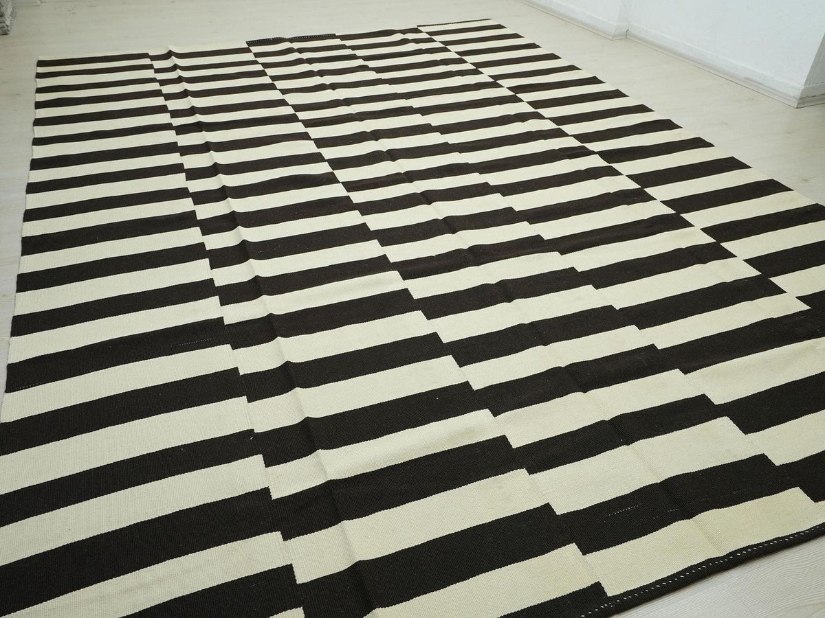 Modern Striped Turkish Kilim Rug: 9.1x12.4 ft, Dark Brown & White Flat Weave Rugs.