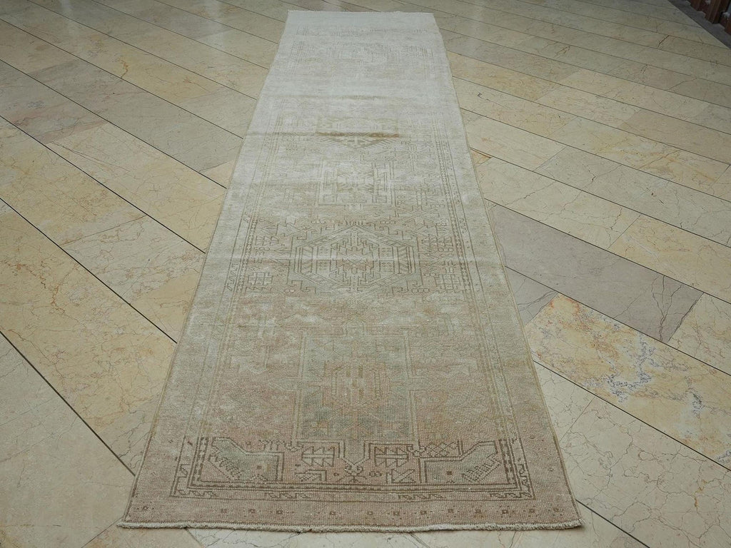 Vintage Turkish Rug Runner: 3x12 Beige Brown Area Wool Carpet Rugs