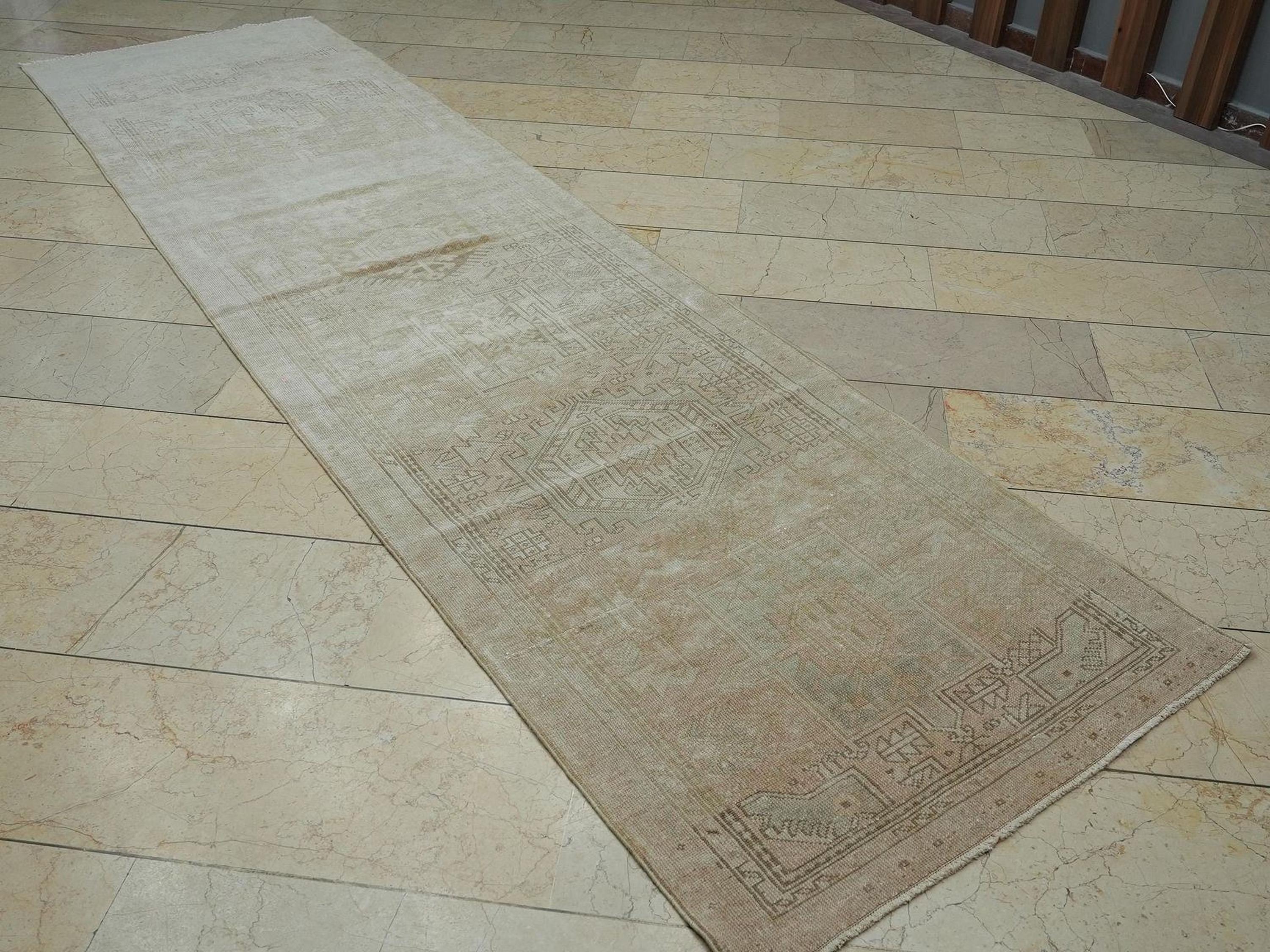 Vintage Turkish Rug Runner: 3x12 Beige Brown Area Wool Carpet Rugs
